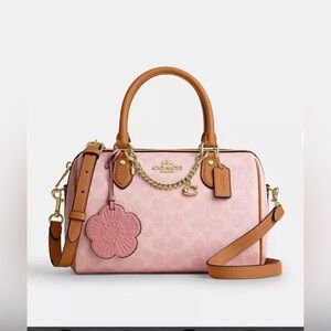 Coach Powder Pink Medium Rowan Satchel Bag in Signature Canvas with Charms